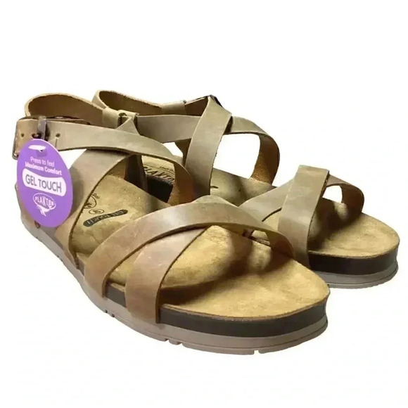 Plakton Sanals Women 9 40 Brown Gemma Ankle Strap Leather Cork Flat NEW - Picture 1 of 7